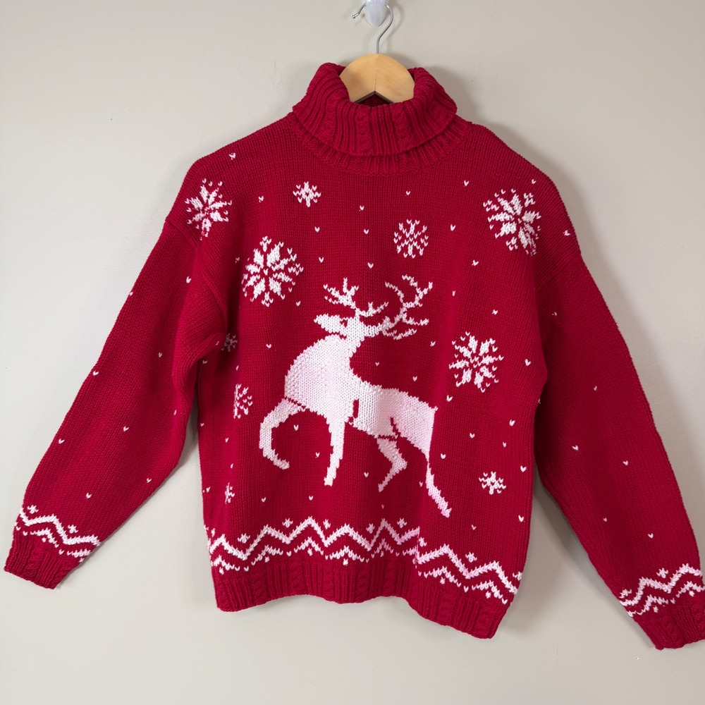 Tiara Snowflake Reindeer Holiday Turtleneck Sweater Fair Isle Retro Cottagecore